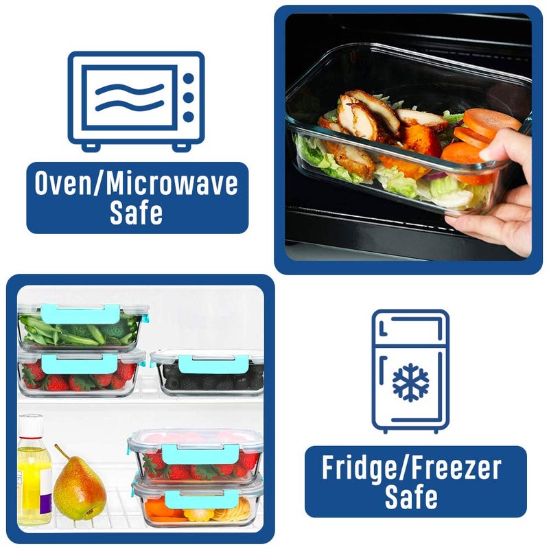 LYTIO Glass Food Containers Storage Organizers for Kitchen Pantry | BPA Free | Leak Proof | Odor Proof | Stain Resistant | 12 Sets | Freezer and Oven Safe (Blue) - Image 4